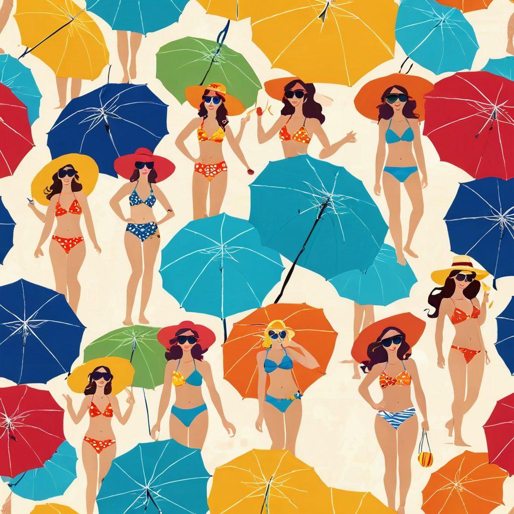A humorous beach scene featuring women in outrageous and mismatched swimwear, with exaggerated fashion fails like ill-fitting bikinis and comically large sun hats. Laughter and surprise are captured on their faces, as quirky beach accessories like oversized sunglasses and mismatched flip-flops add to the hilarity. The vibrant ocean waves crash in the background, and colorful beach umbrellas dot the sandy shore. The overall tone is light-hearted and comical, embodying a comedic vibe. vibrant colors. cartoon style.