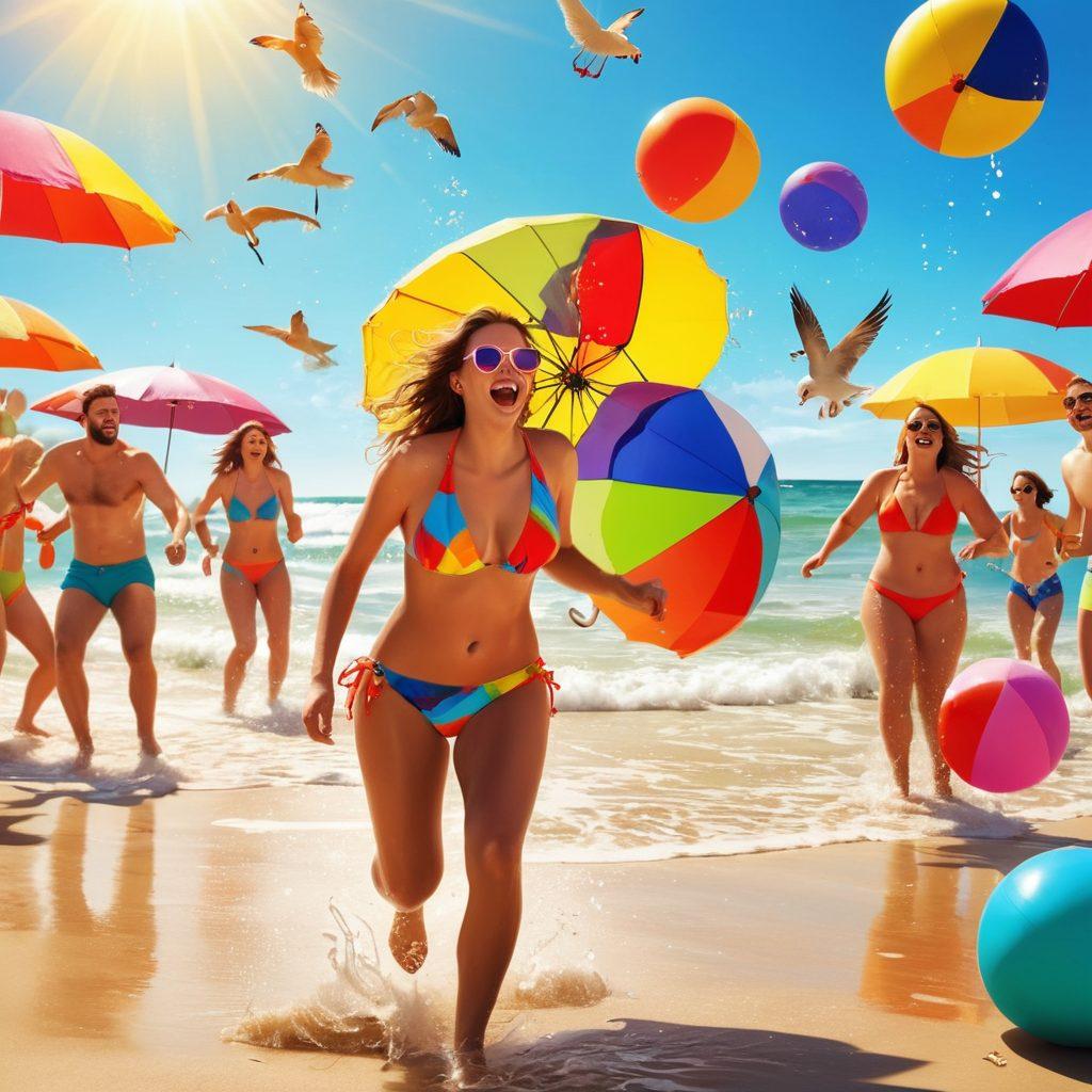 A lively beach scene depicting playful chaos with characters in mismatched swimwear, tripping over beach balls and splashing water. Include humorous expressions on their faces, a beach umbrella flying, and seagulls observing in astonishment. The sun is shining bright, adding a cheerful vibe. Capture the essence of summer fun and comedy. vibrant colors. cartoon style.